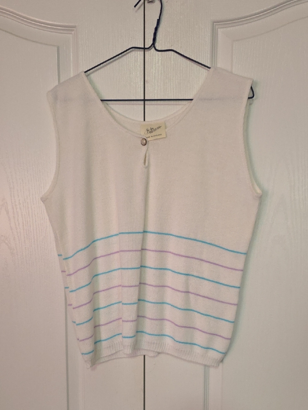 Classic White Sleeveless Knit Tank with Blue & Lavender Stripes